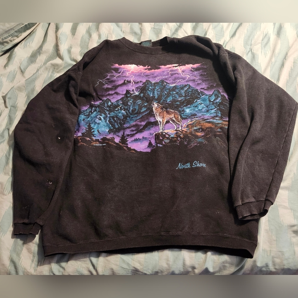 VTG Habitat Wolf Lightning Mountains All Over Print Sweatshirt Men's Size XL‎